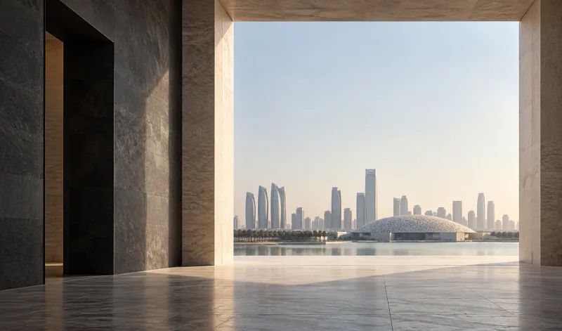 Conceptual dark doorway beside a bright portal framing a UAE skyline and dome