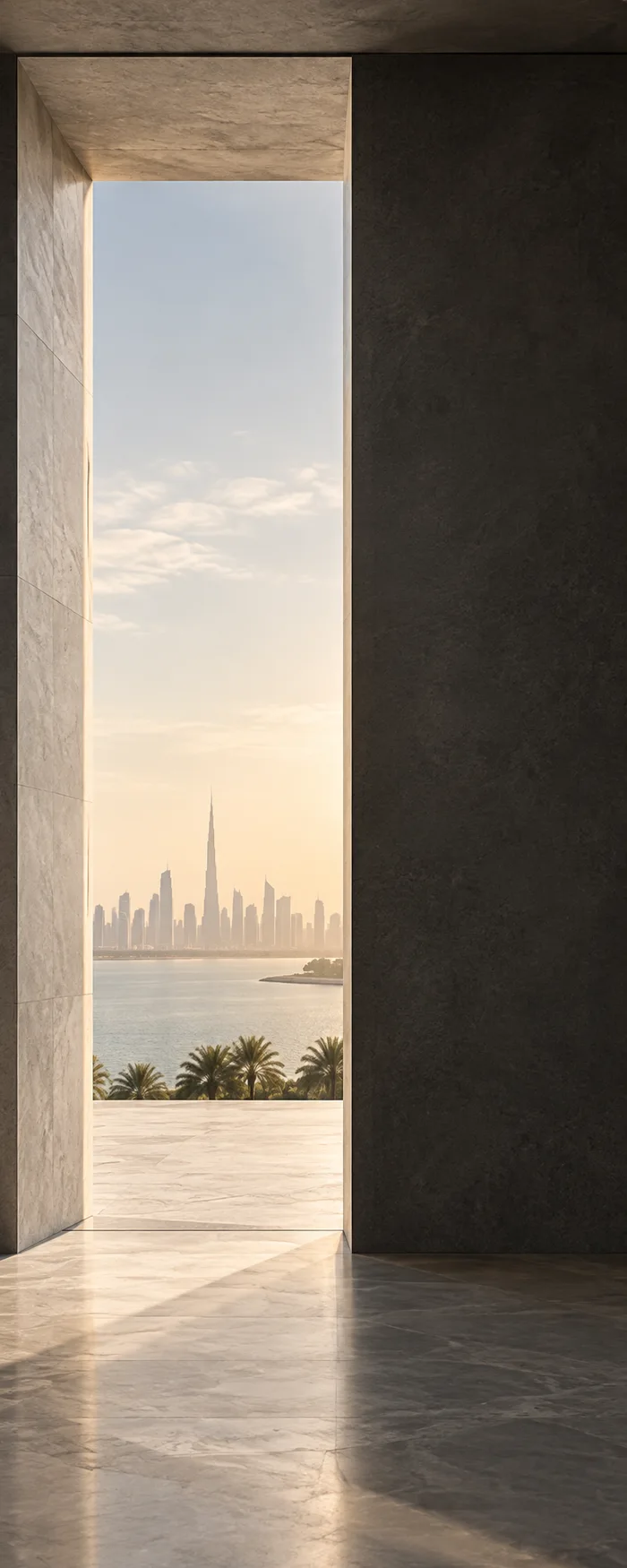 Illustrative UAE city view through a tall architectural doorway