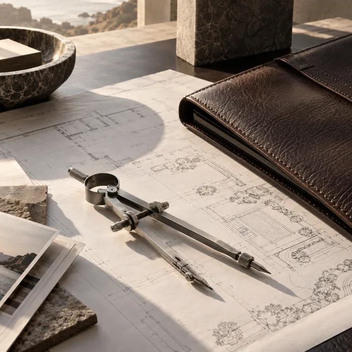 Architectural plans, a metal divider and leather folio